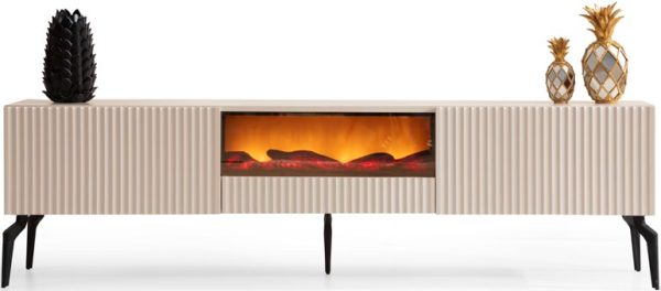 Modern TV Unit with Decorative Fireplace in Cream & Black - Image 2