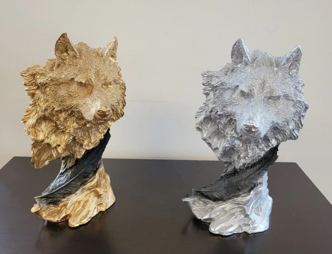 Wolf Face with Feather Sculpture - Image 3