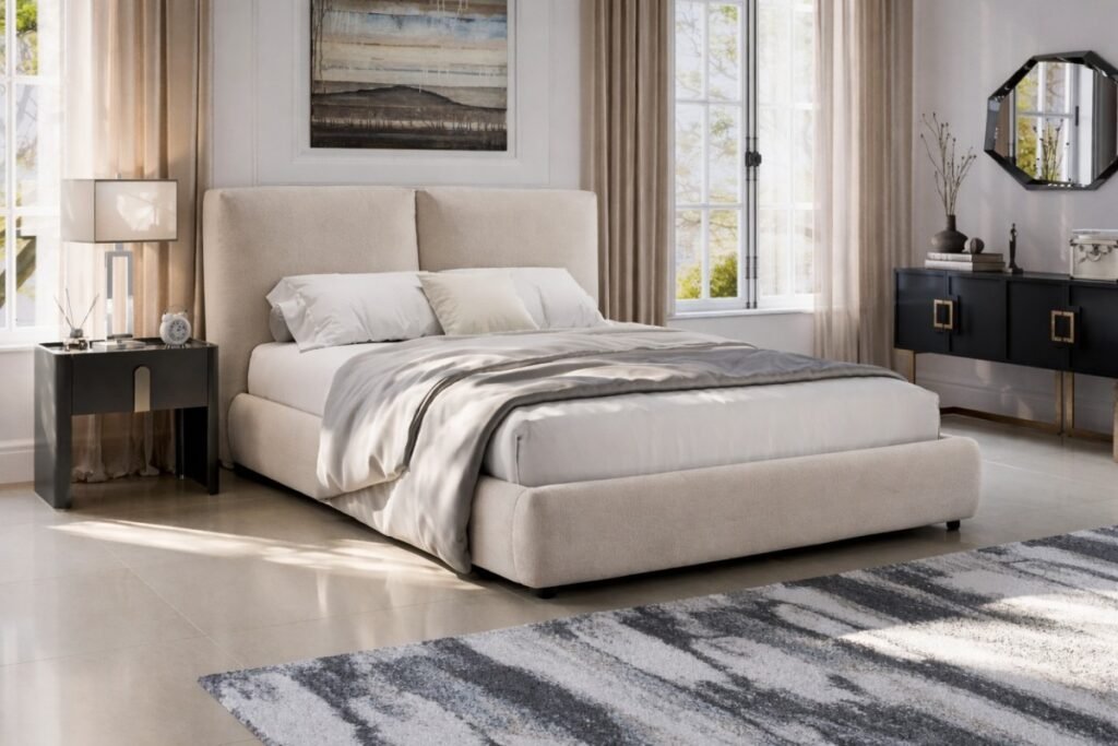Beige Upholstered Bed Frame | Modern Platform Bed King & Queen