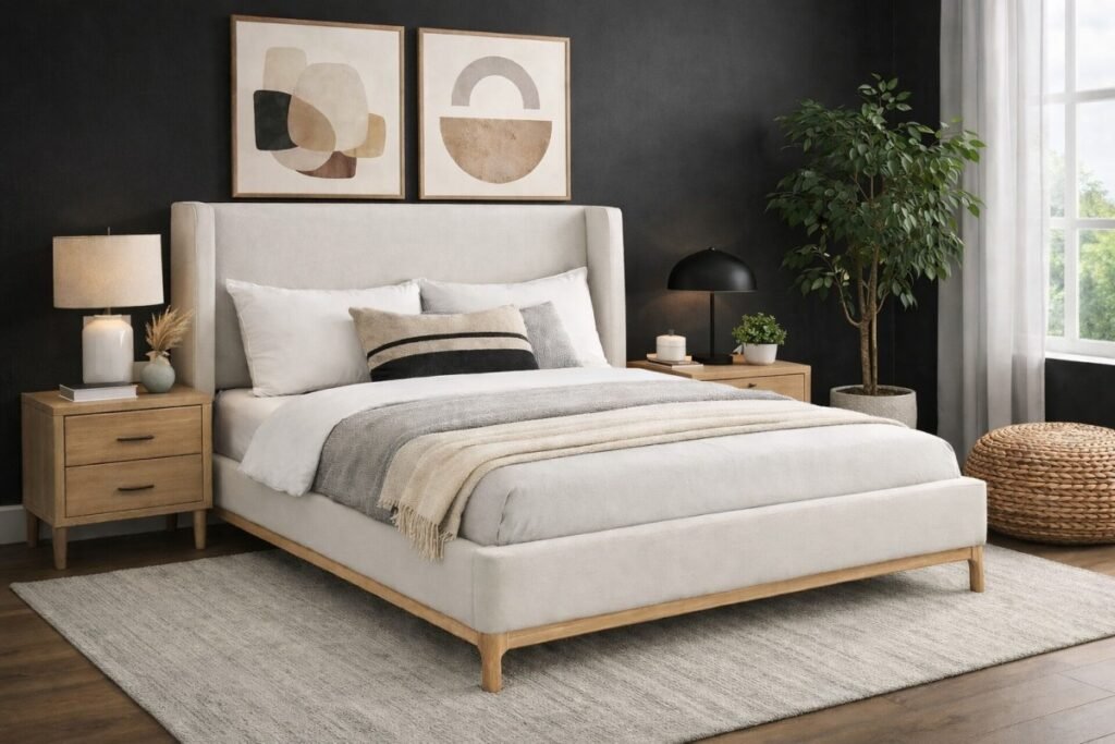 Buy Beige Wingback Upholstered Bed Frame from Infinity Furniture Mississauga