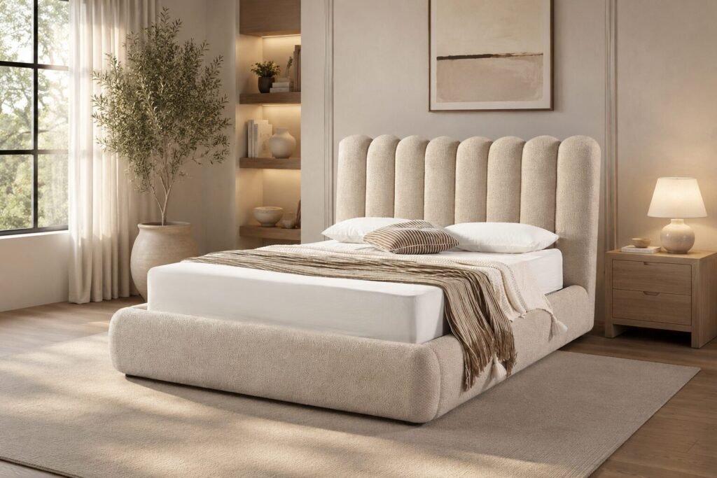 Taupe Lift Bed Frame with Gas Storage | Modern Upholstered Bed King & Queen