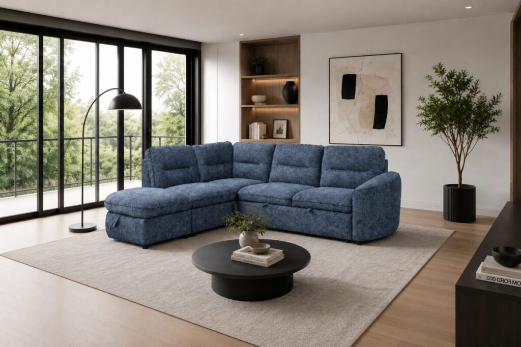 LHF & RHF Blue Sleeper Sectional with Storage Contemporary Sofa | Infinity Furniture Mississauga