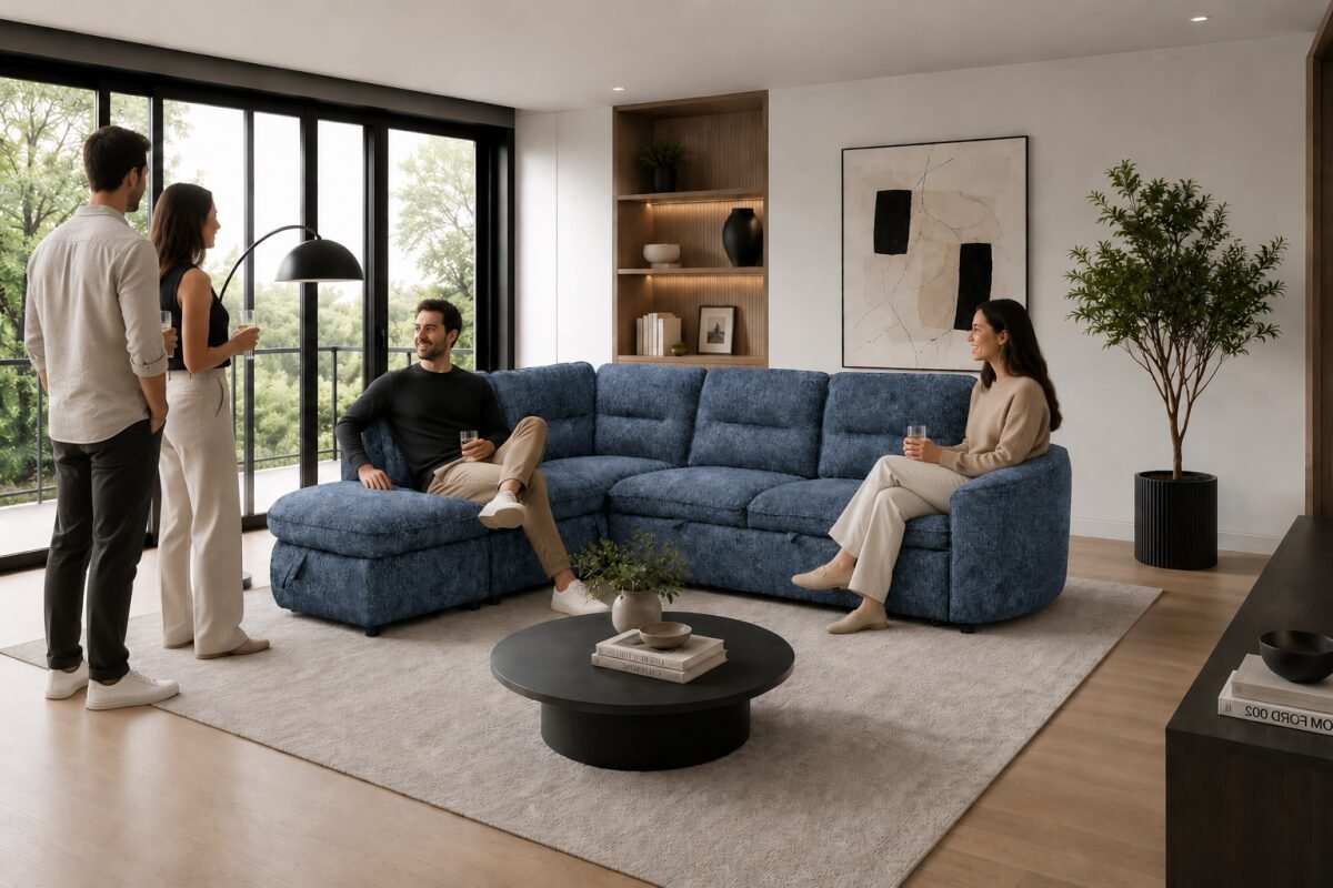 LHF & RHF Blue Sleeper Sectional with Storage Contemporary Sofa | Infinity Furniture Mississauga