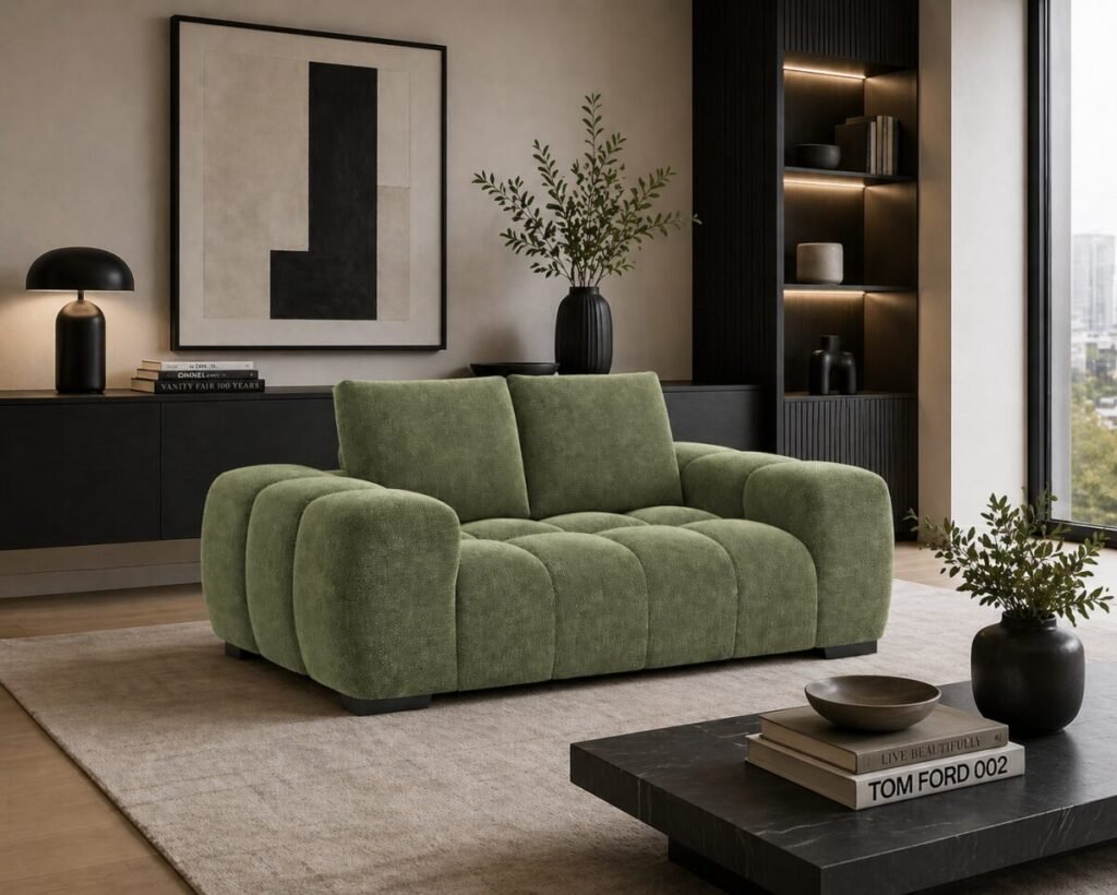 Zara Love Seat Green Taupe Beige Rust Yellow | Infinity Furniture Mississauga