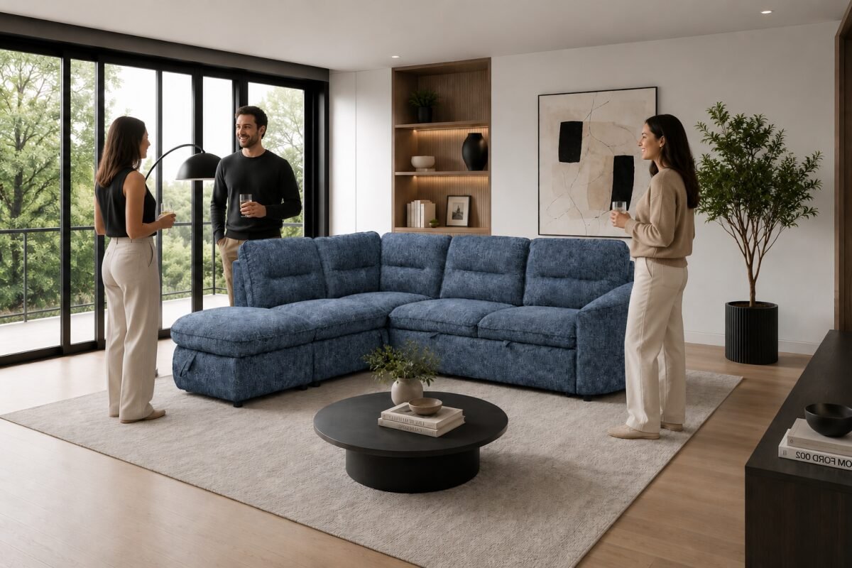 LHF & RHF Blue Sleeper Sectional with Storage Contemporary Sofa | Infinity Furniture Mississauga