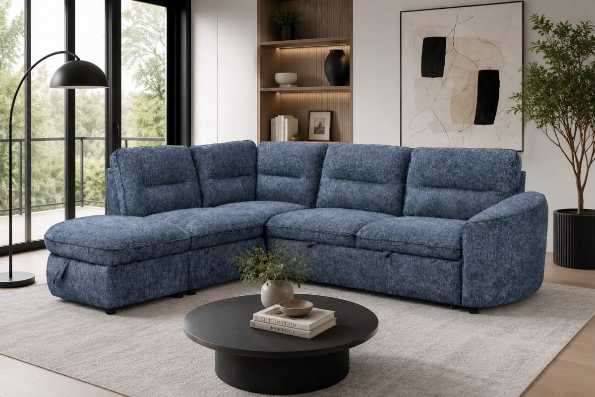 LHF & RHF Blue Sleeper Sectional with Storage Contemporary Sofa | Infinity Furniture Mississauga