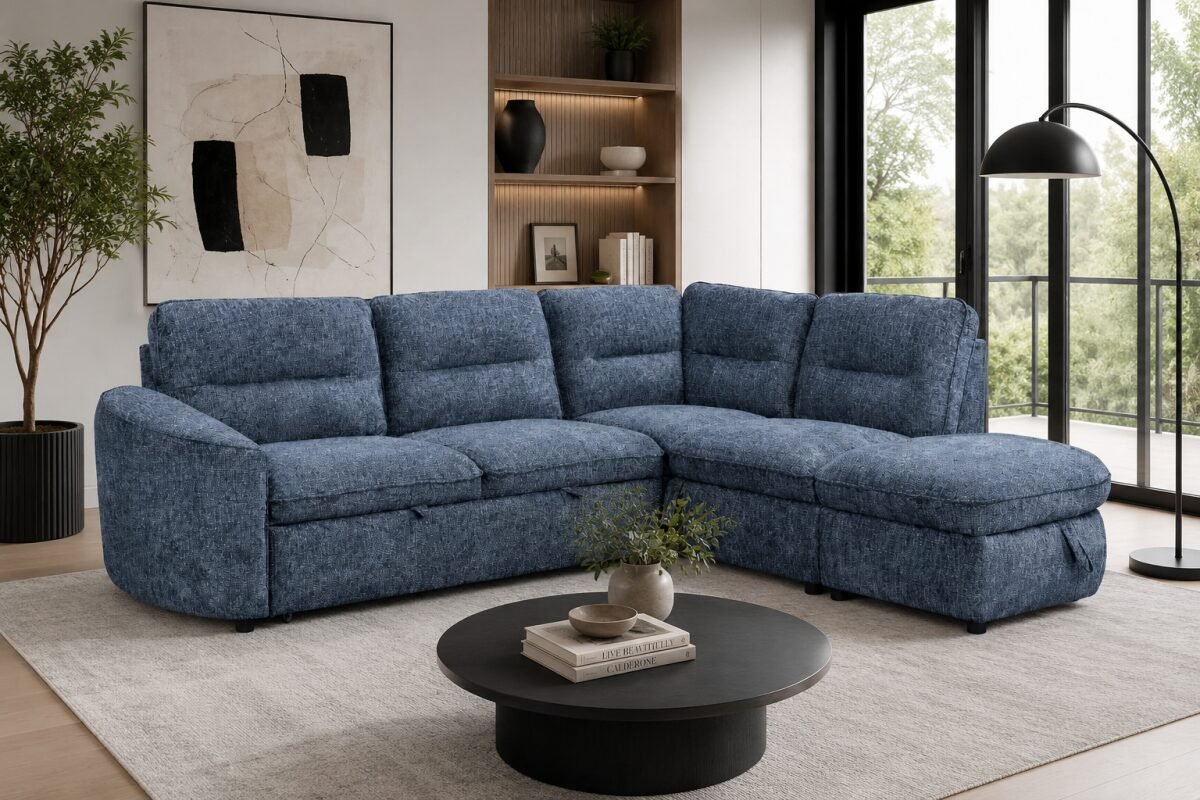 LHF & RHF Blue Sleeper Sectional with Storage Contemporary Sofa | Infinity Furniture Mississauga