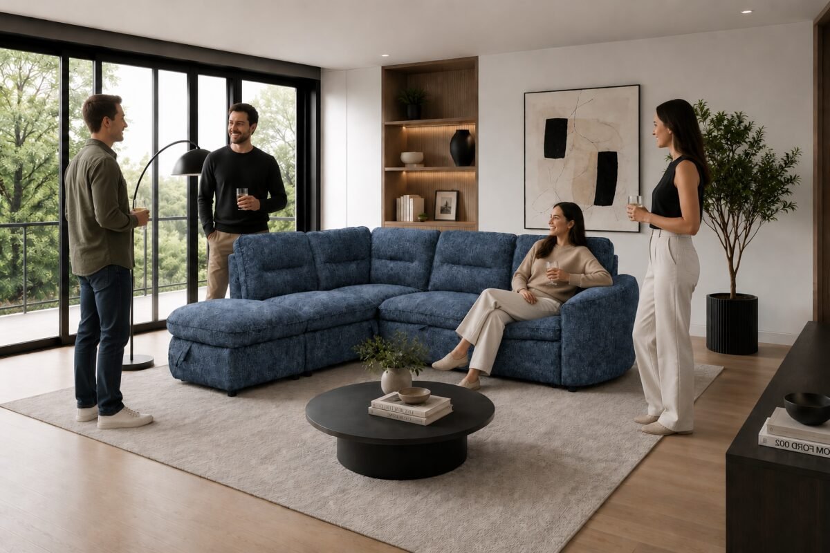 LHF & RHF Blue Sleeper Sectional with Storage Contemporary Sofa | Infinity Furniture Mississauga