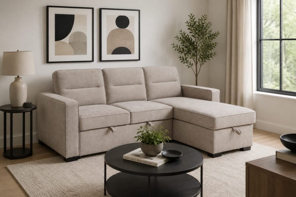 Sectional Sleeper Sofa Taupe Contemporary with Reversible Storage Chaise | Infinity Furniture Mississauga