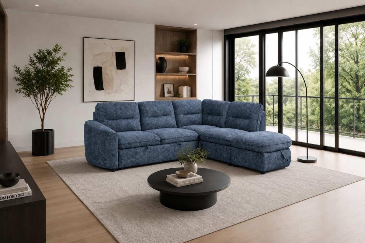 LHF & RHF Blue Sleeper Sectional with Storage Contemporary Sofa | Infinity Furniture Mississauga