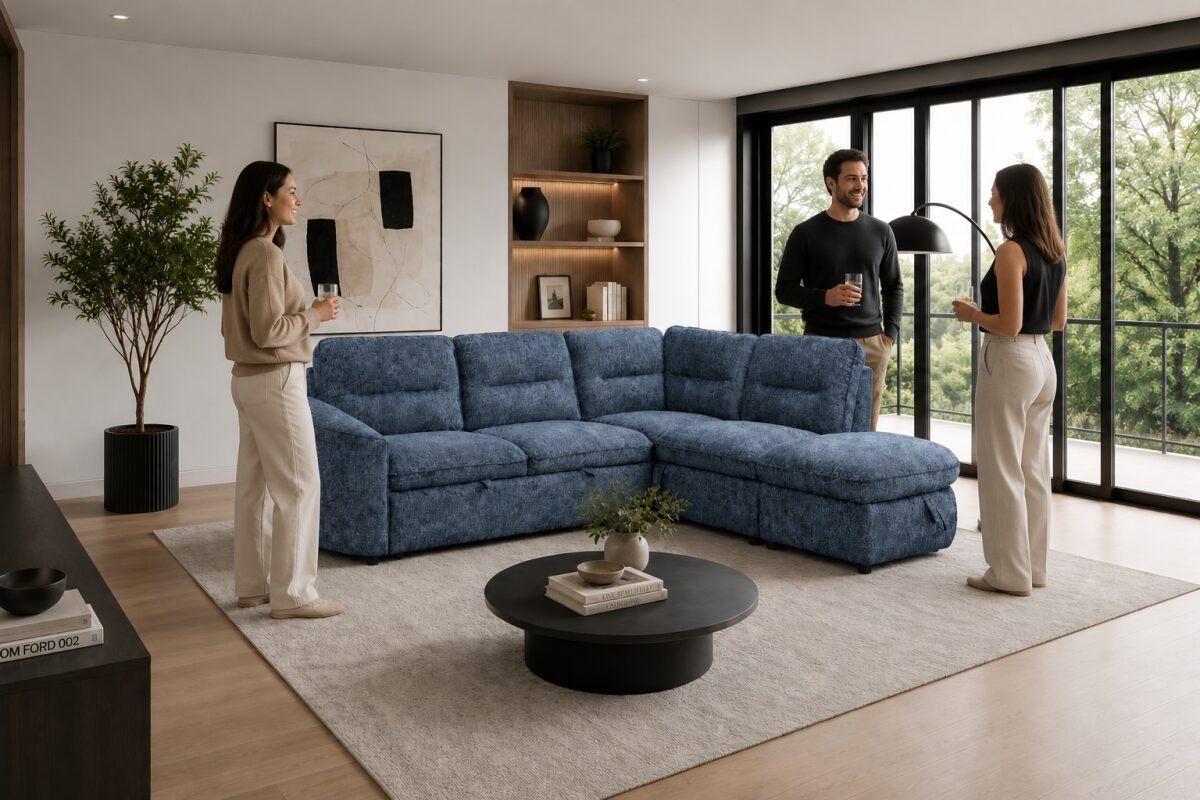 LHF & RHF Blue Sleeper Sectional with Storage Contemporary Sofa | Infinity Furniture Mississauga