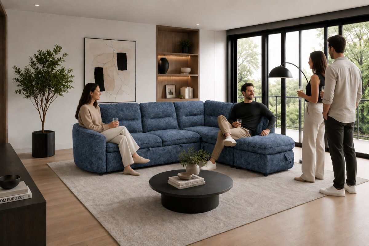 LHF & RHF Blue Sleeper Sectional with Storage Contemporary Sofa | Infinity Furniture Mississauga