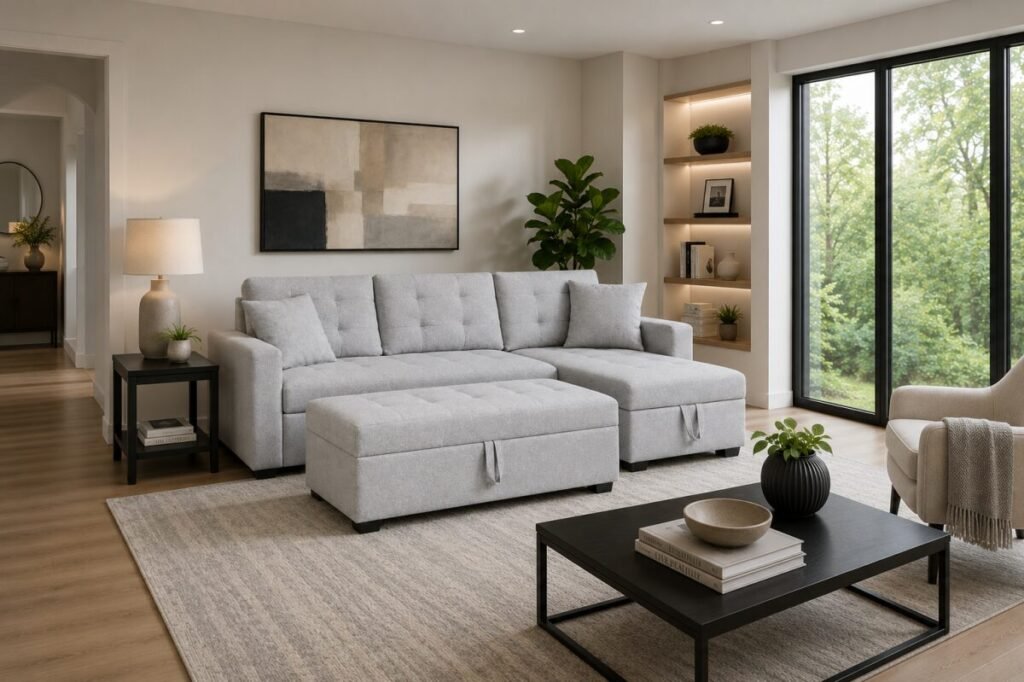 Grey Storage Sectional Sofa with Ottoman and Reversible Chaise | Infinity Furniture Mississauga