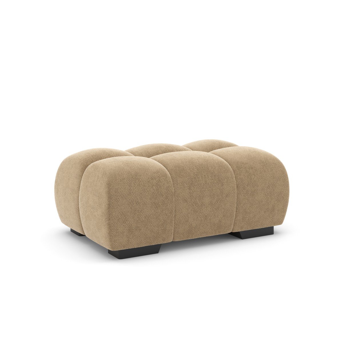 Modern taupe upholstered ottoman with tufted design and plush low-profile shape for living room furniture.