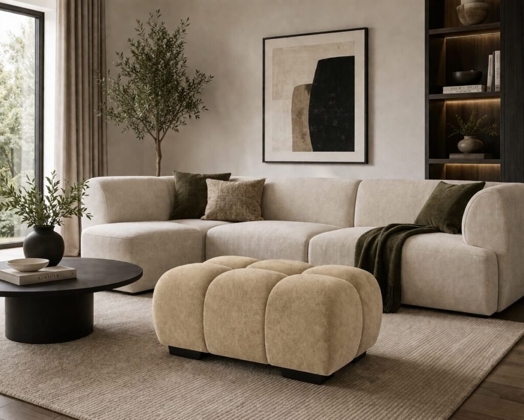 Modern taupe upholstered ottoman with tufted design and plush low-profile shape for living room furniture.