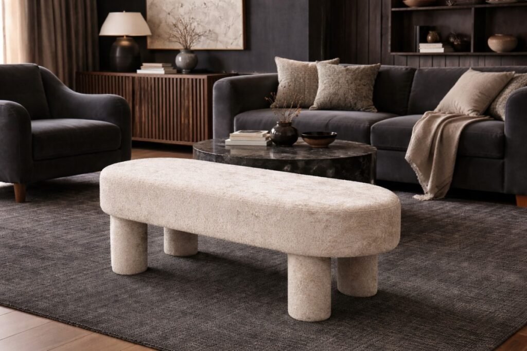Eva Accent Bench Beige Contemporary Upholstered Bench with Premium Fabric and Foam Cushioning | Infinity Furniture Mississauga