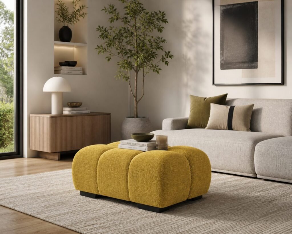 Cloud Tufted Ottoman in yellow with plush tufted upholstery and modern cloud-inspired design by Infinity Furniture Mississauga