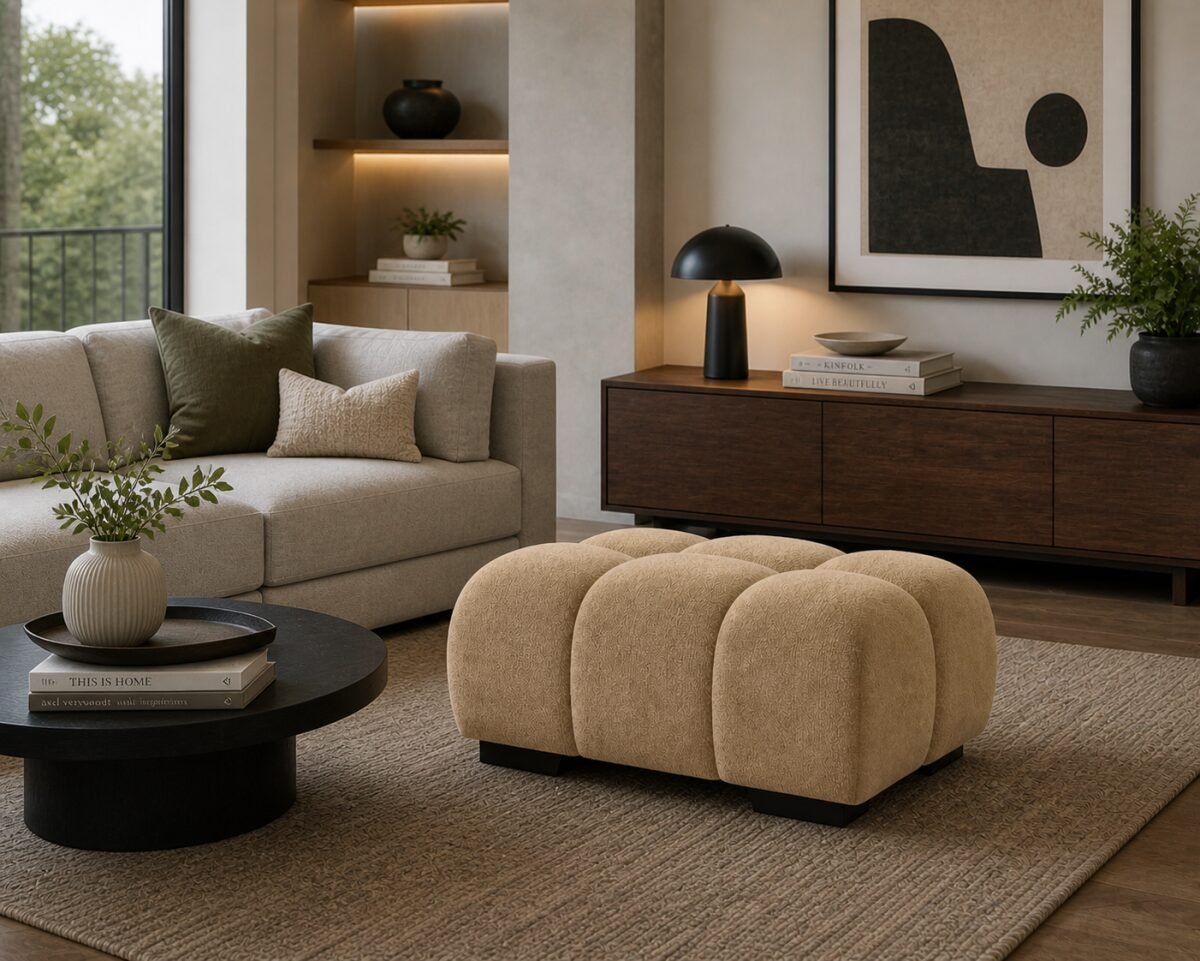 Modern taupe upholstered ottoman with tufted design and plush low-profile shape for living room furniture.