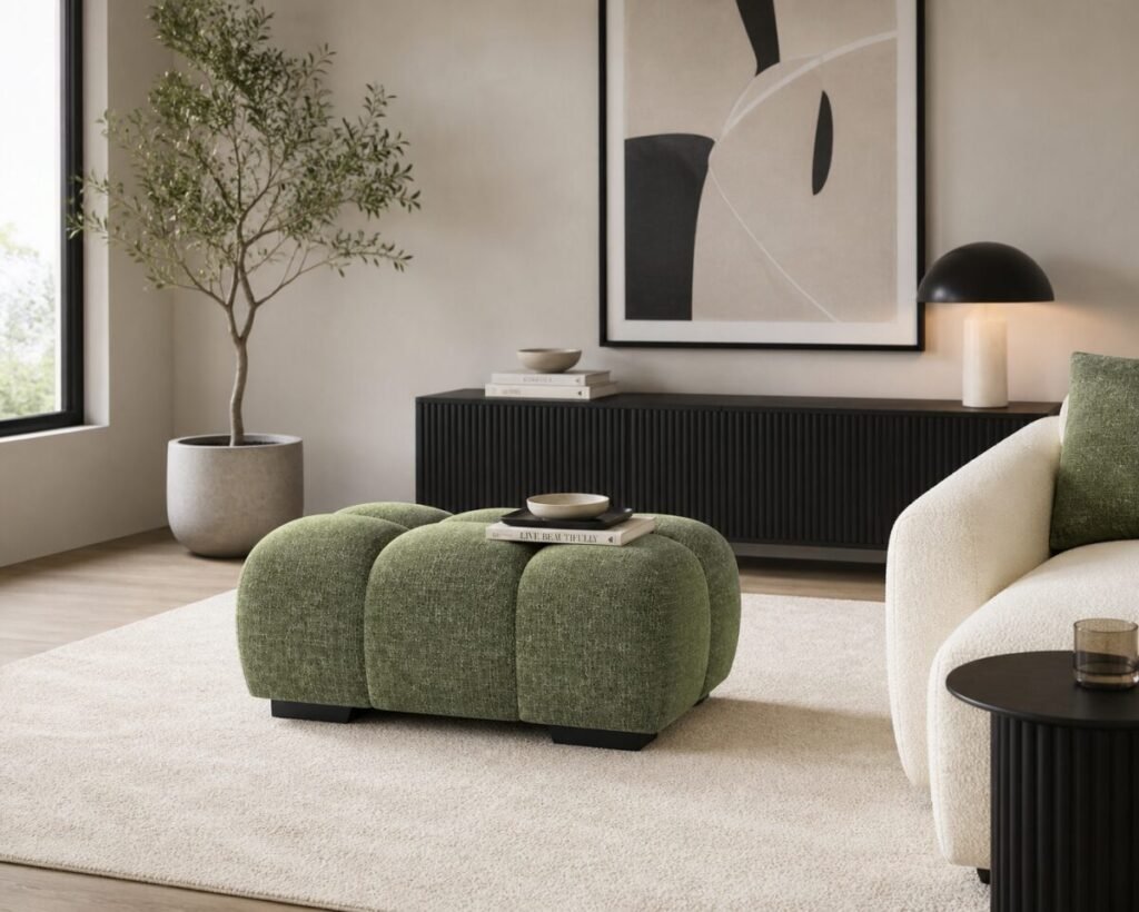 Green upholstered ottoman with tufted design and soft cushioned seating for modern living room décor.