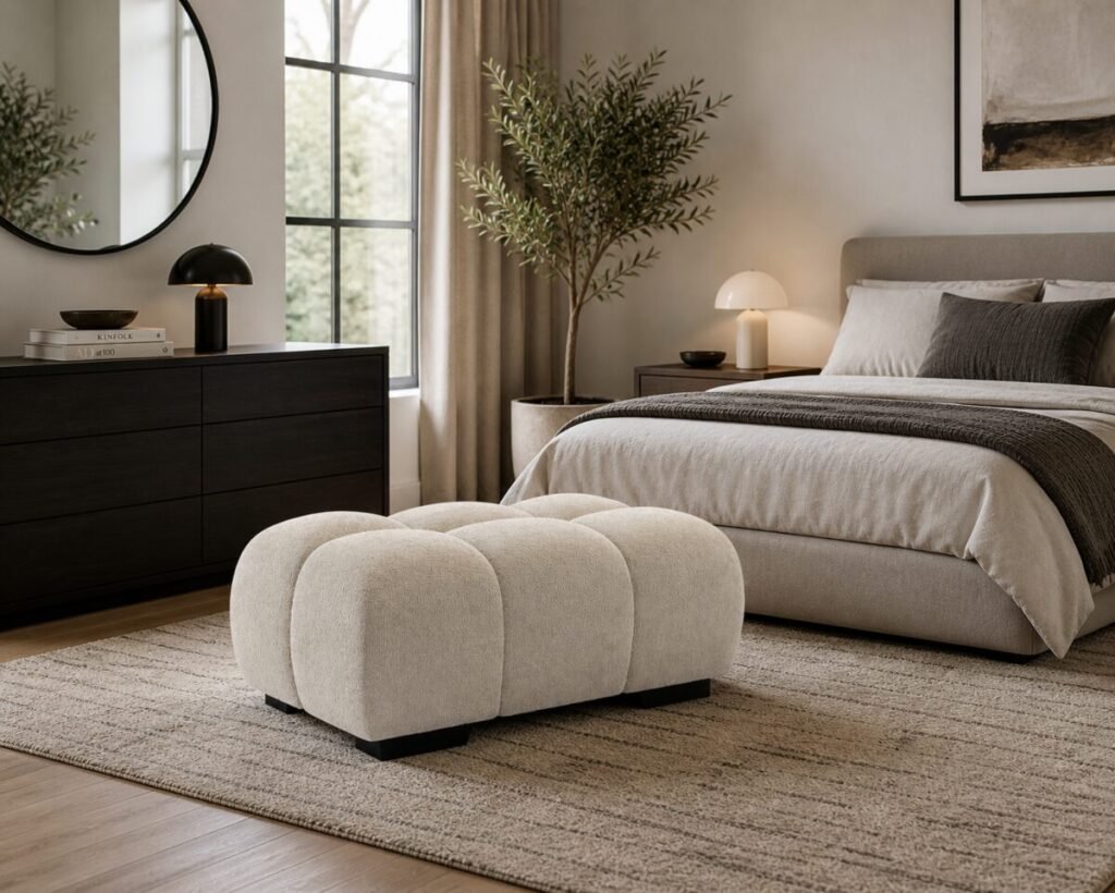 Beige upholstered ottoman with tufted design and soft cushioned seating for contemporary living room décor.
