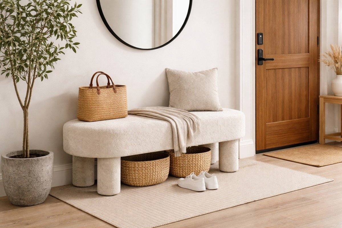 Eva Accent Bench Beige Contemporary Upholstered Bench with Premium Fabric and Foam Cushioning | Infinity Furniture Mississauga