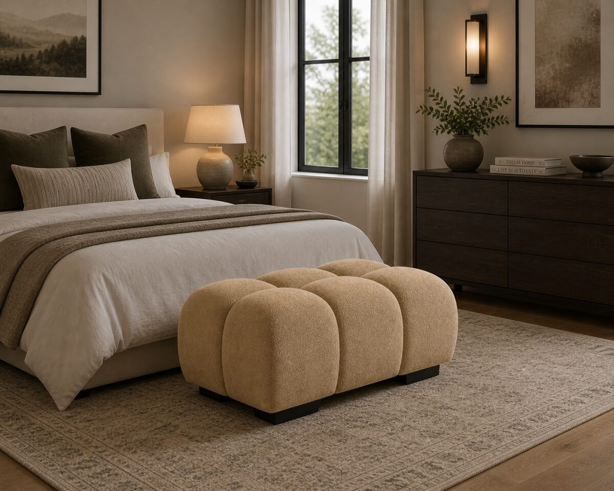 Modern taupe upholstered ottoman with tufted design and plush low-profile shape for living room furniture.