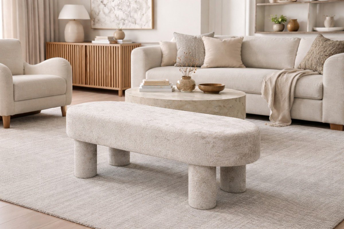 Eva Accent Bench Beige Contemporary Upholstered Bench with Premium Fabric and Foam Cushioning | Infinity Furniture Mississauga