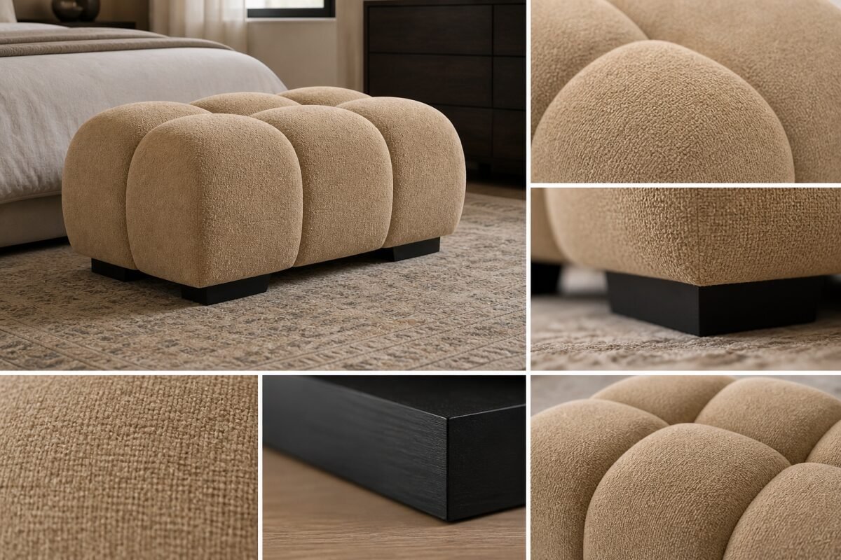 Modern taupe upholstered ottoman with tufted design and plush low-profile shape for living room furniture.