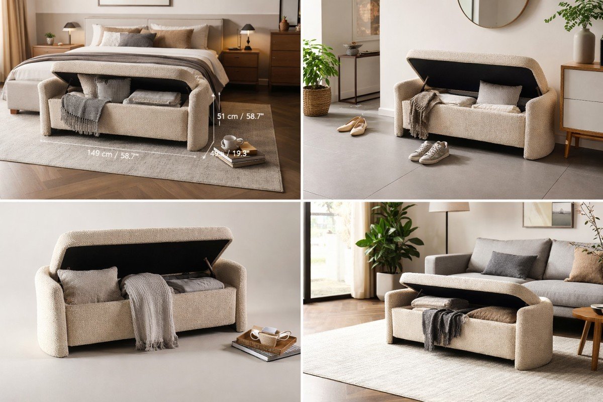 Harper Beige Storage Bench with upholstered seat and hidden storage compartment | Infinity Furniture Mississauga