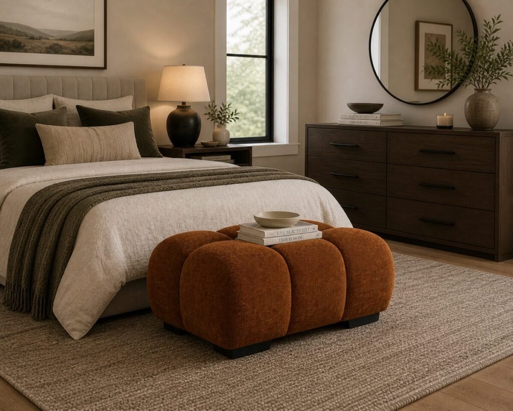 Rust upholstered ottoman with tufted design and plush cushioning for modern living room seating and décor.
