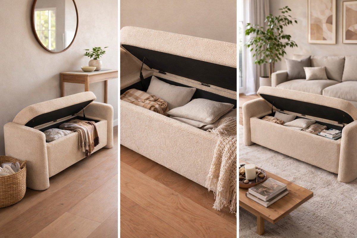 Harper Beige Storage Bench with upholstered seat and hidden storage compartment | Infinity Furniture Mississauga