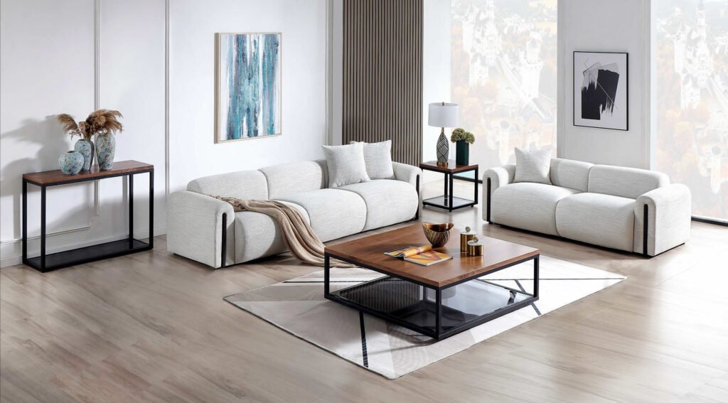 Harrison Linen Brenton 4-Seater Sofa with wood accents and premium linen upholstery | Infinity Furniture Mississauga