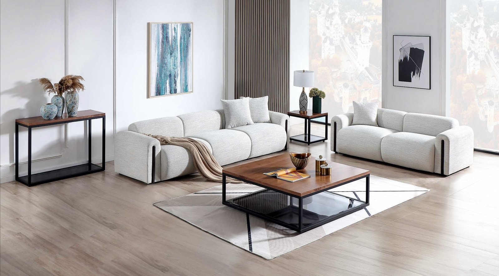 Harrison Linen Brenton 4-Seater Sofa with wood accents and premium linen upholstery | Infinity Furniture Mississauga