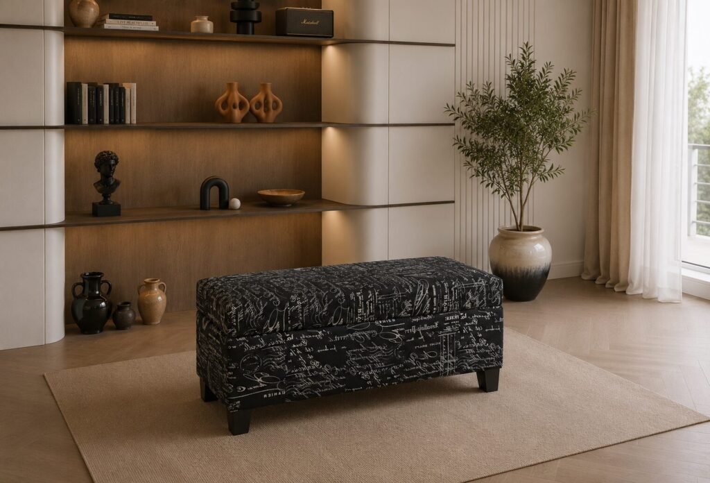 Monroe Storage Ottoman Collection White Espresso Black Script Storage Ottoman Bench with Hidden Storage and Padded Seat | Infinity Furniture Mississauga
