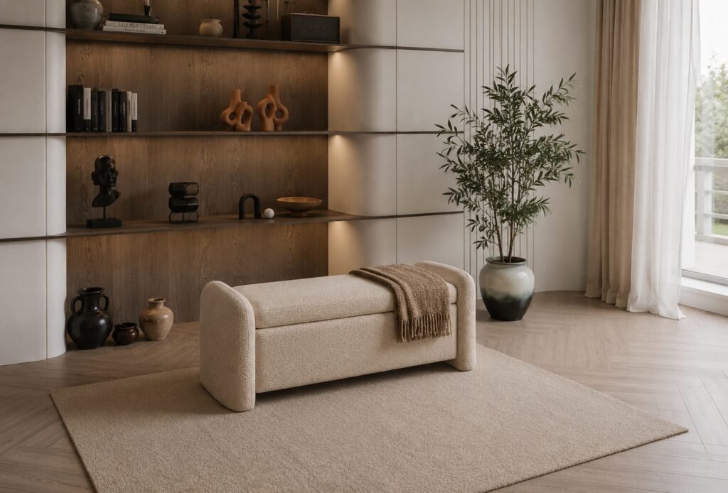 Harper Beige Storage Bench with upholstered seat and hidden storage compartment | Infinity Furniture Mississauga