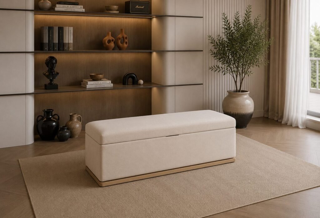 Alden Storage Bench Beige Upholstered Storage Bench with Hidden Compartment and Wood Base | Infinity Furniture Mississauga