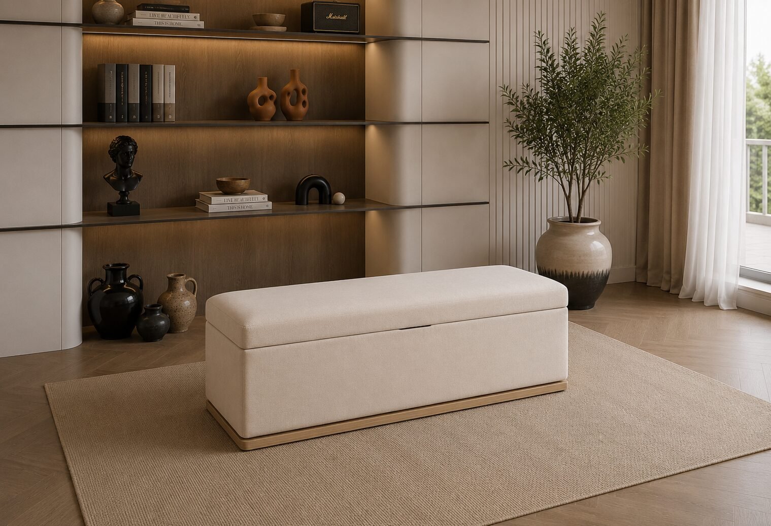 Alden Storage Bench Beige Upholstered Storage Bench with Hidden Compartment and Wood Base | Infinity Furniture Mississauga