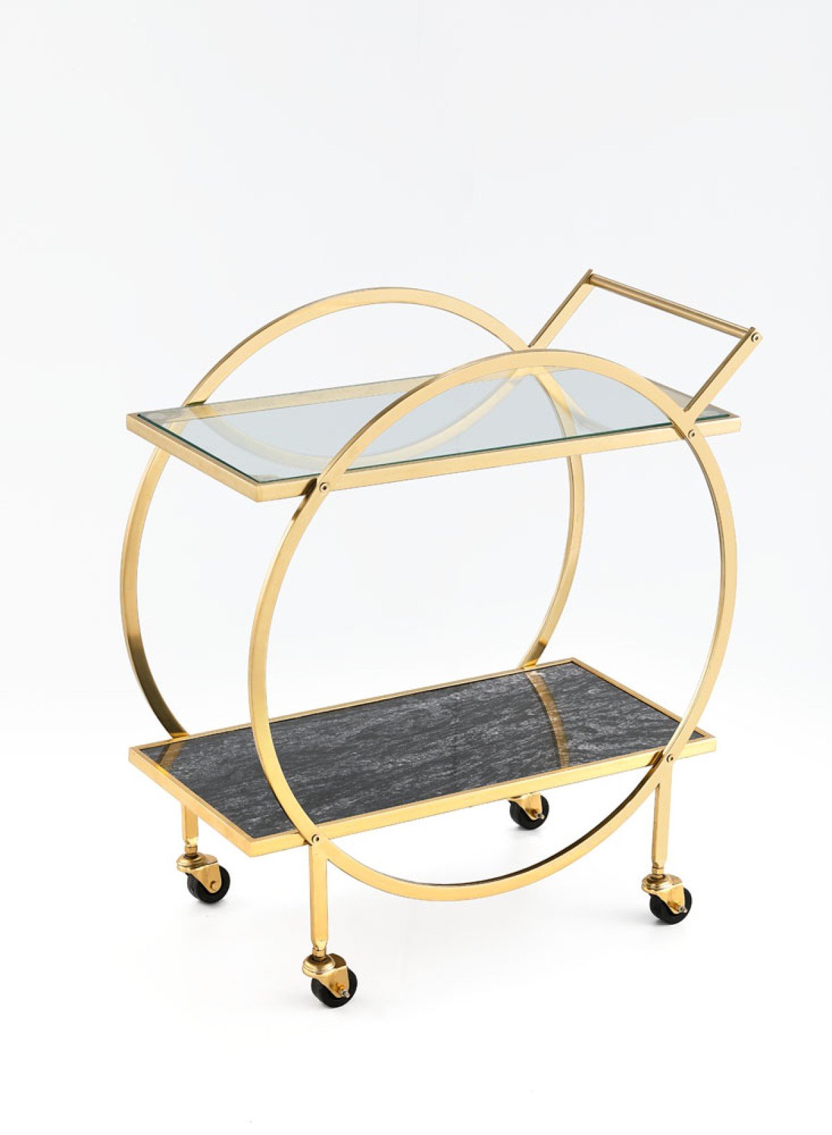 Maeve Gold Bar Cart with two-tier tempered glass shelves