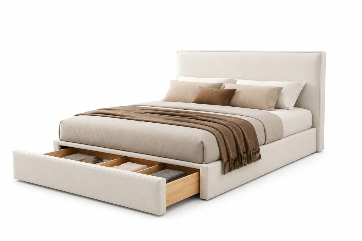 Beige King Storage Bed with upholstered headboard