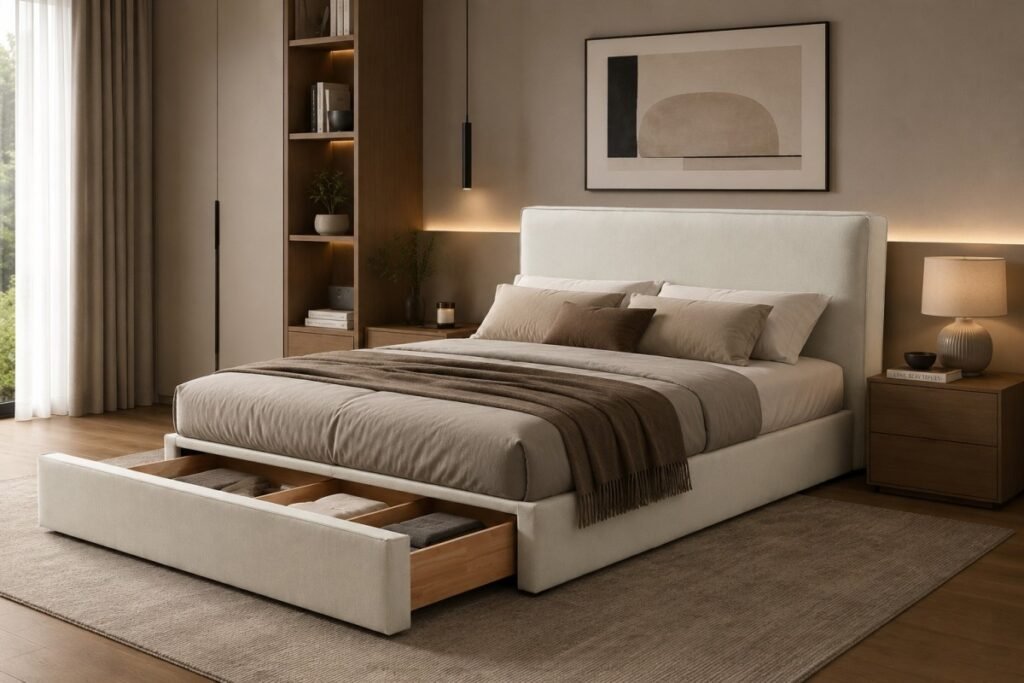 Beige King Storage Bed with upholstered headboard