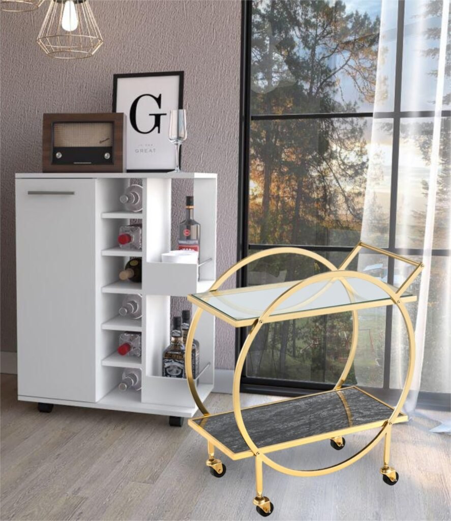 Maeve Gold Bar Cart with two-tier tempered glass shelves