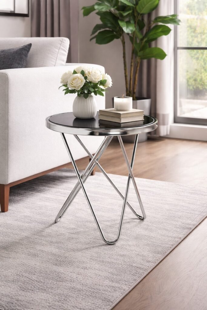 Lennox Silver Accent Table with Tempered Glass Top