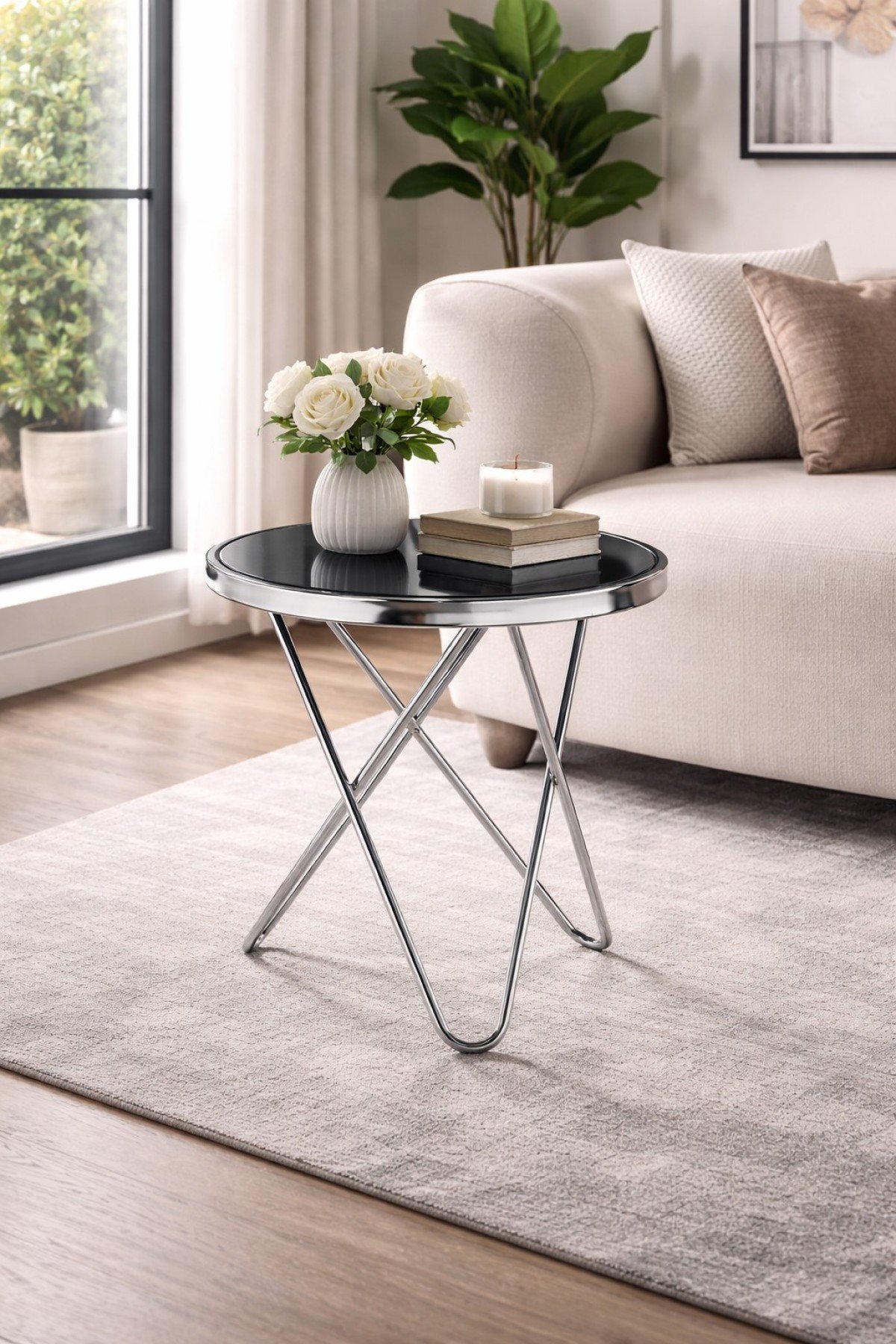 Lennox Silver Accent Table with Tempered Glass Top
