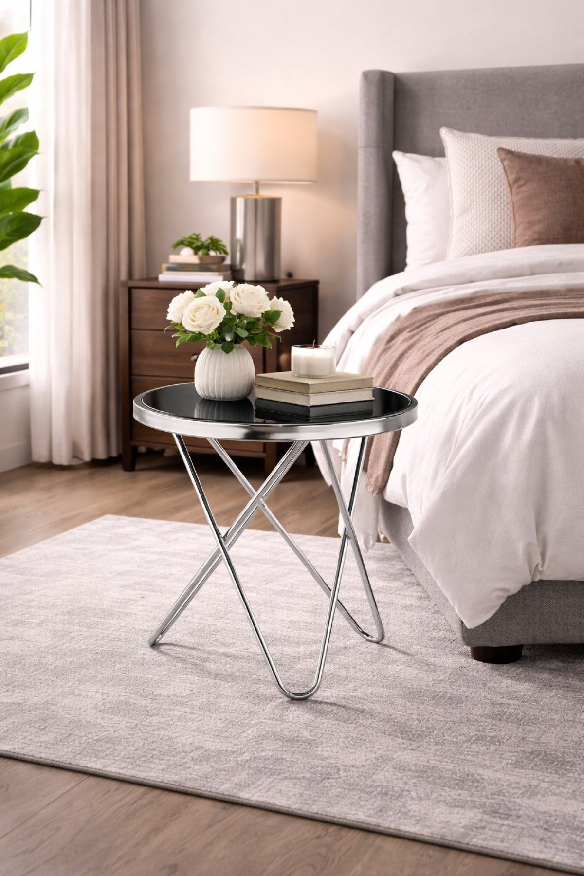 Lennox Silver Accent Table with Tempered Glass Top