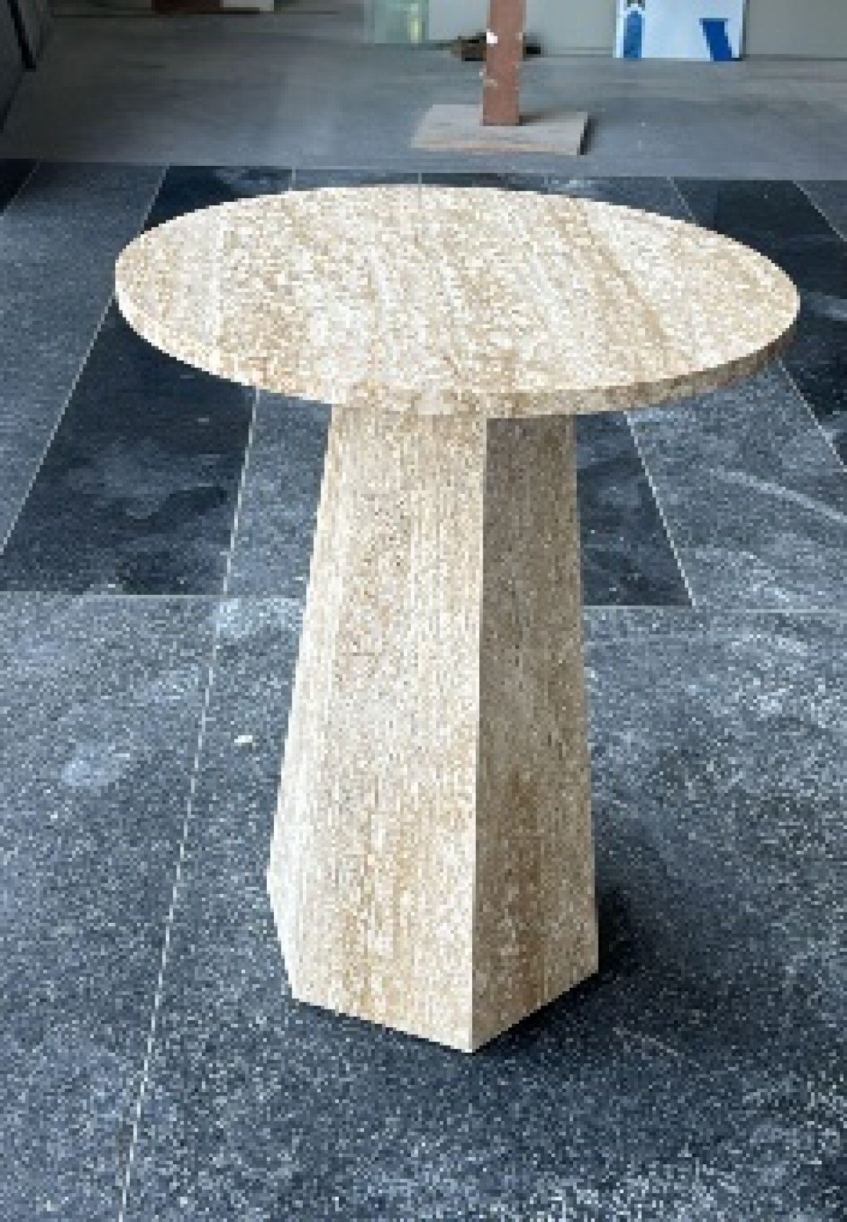 Cream Travertine Marble Side Table Contemporary Geometric Pedestal | Infinity Furniture Mississauga