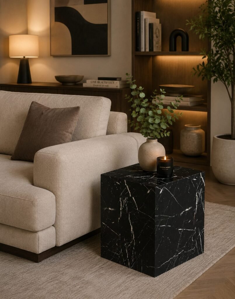 Mateo Marble Side Table Collection Black Burgundy and Cream Solid Marble Contemporary Accent Table | Infinity Furniture Mississauga