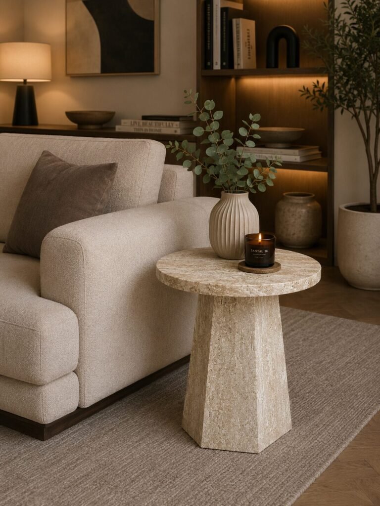 Cream Travertine Marble Side Table Contemporary Geometric Pedestal | Infinity Furniture Mississauga