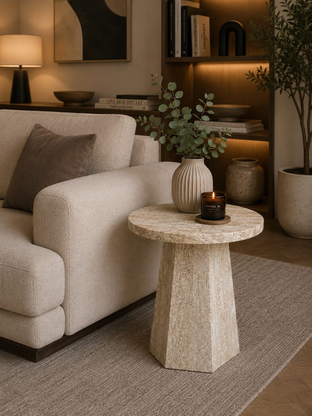 Cream Travertine Marble Side Table Contemporary Geometric Pedestal | Infinity Furniture Mississauga