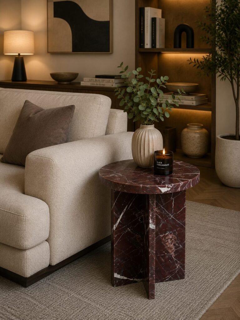 Burgundy Marble Side Table Contemporary Pedestal Design | Infinity Furniture Mississauga