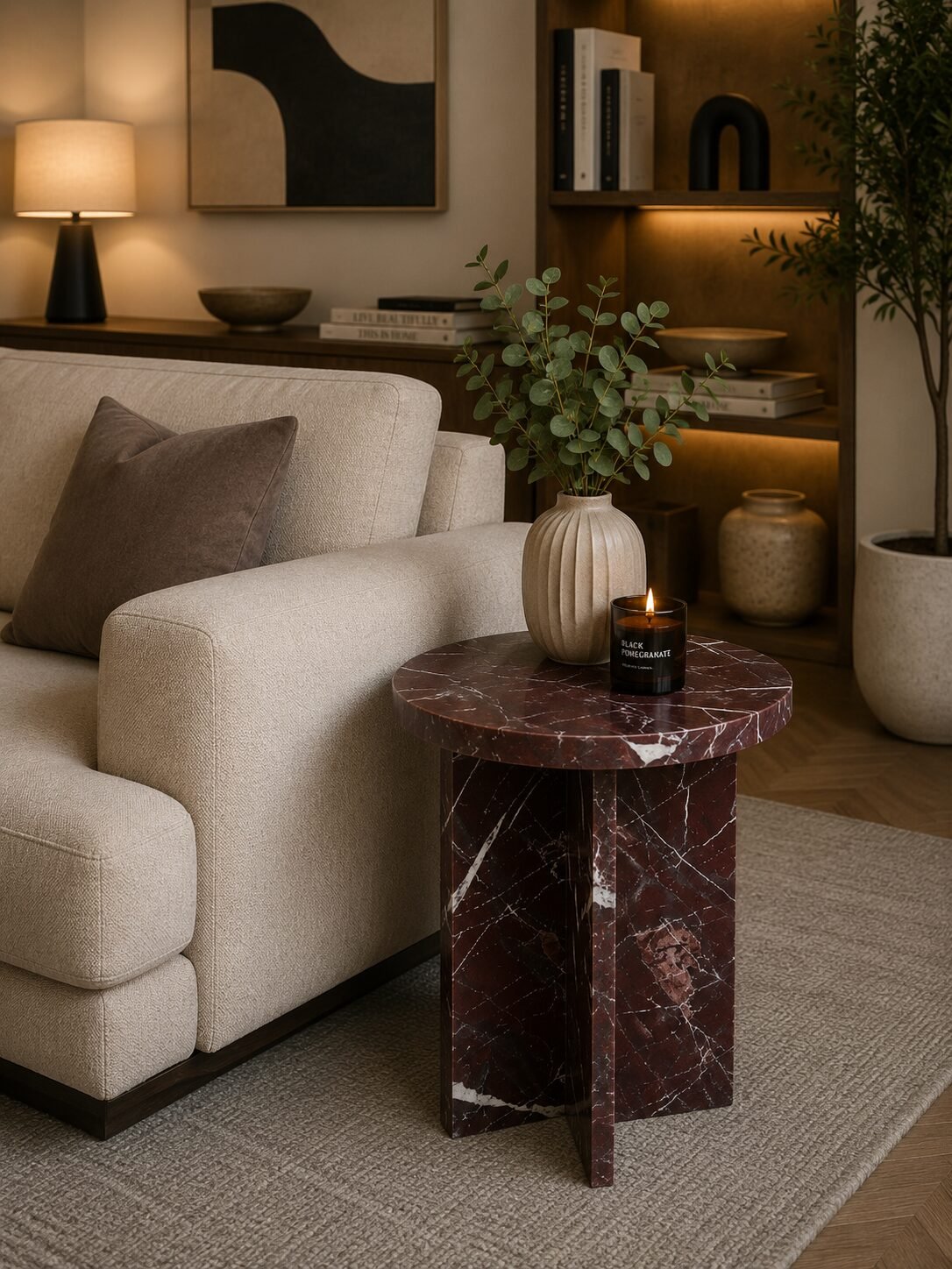 Burgundy Marble Side Table Contemporary Pedestal Design | Infinity Furniture Mississauga